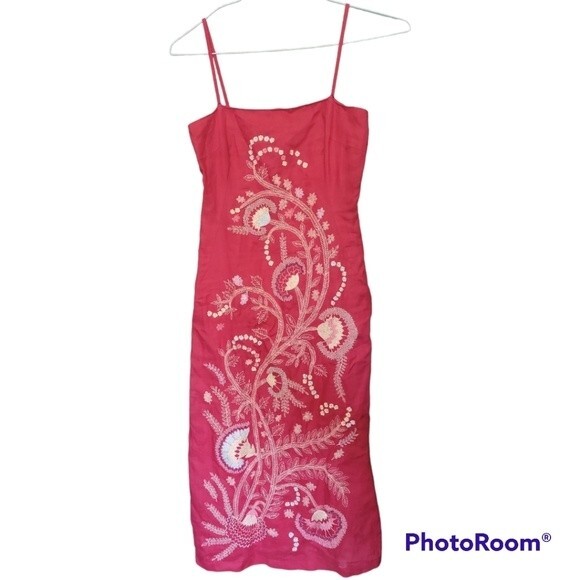 French Connection Pink Embroidered & Beaded Linen[Looking] Midi Dress - 2 - Picture 5 of 13